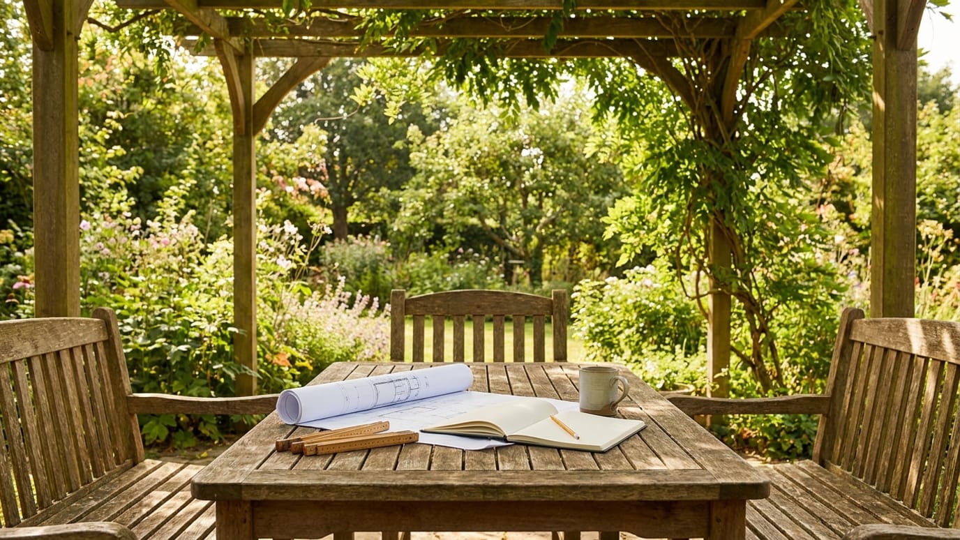 Gartentisch mit Plan, Notizbuch und Zollstock unter einer Pergola