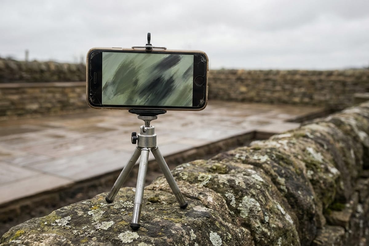 Smartphone on a tripod aimed at a finished terrace