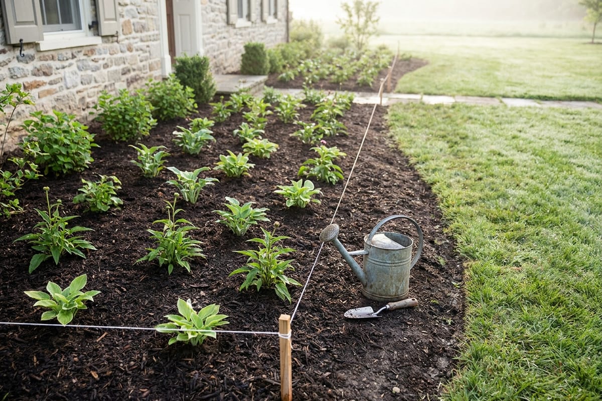 Freshly planted perennial border with a watering can and trowel