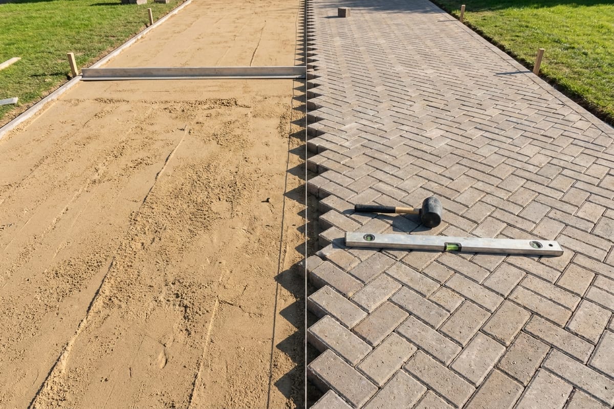 Half-laid block paving with a taut string line and screed rail