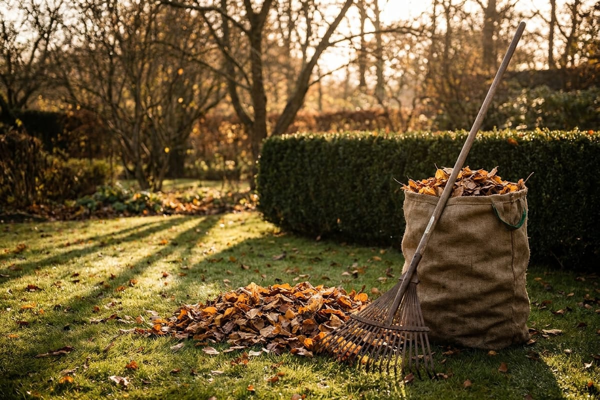 Herbstlicher Garten mit Rechen, Laubhaufen und gefülltem Gartensack