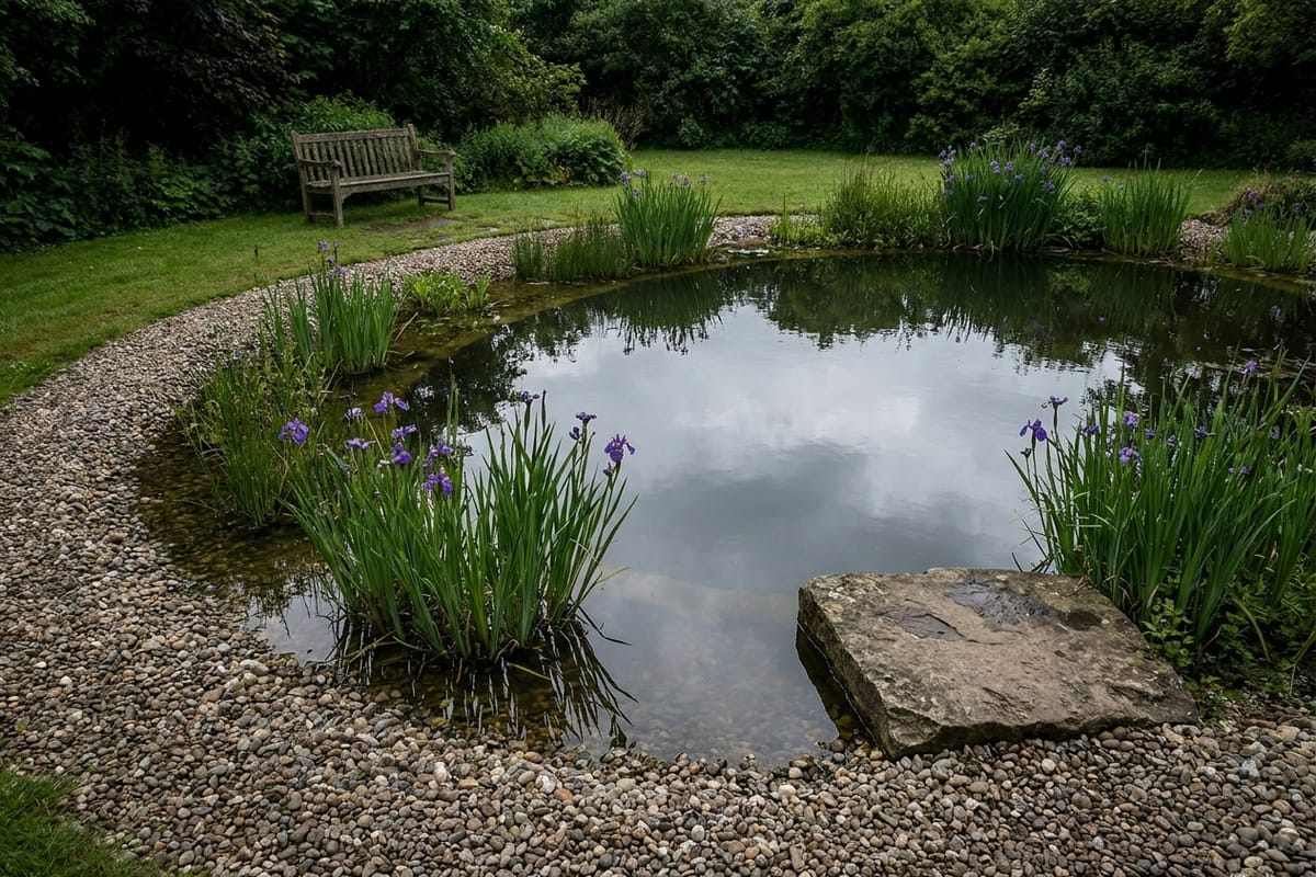 Naturalistic garden pond with a pebble shore and marginal planting