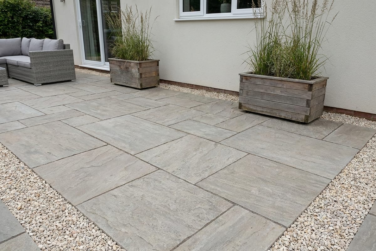 Newly laid natural stone terrace against a house wall with a gravel strip