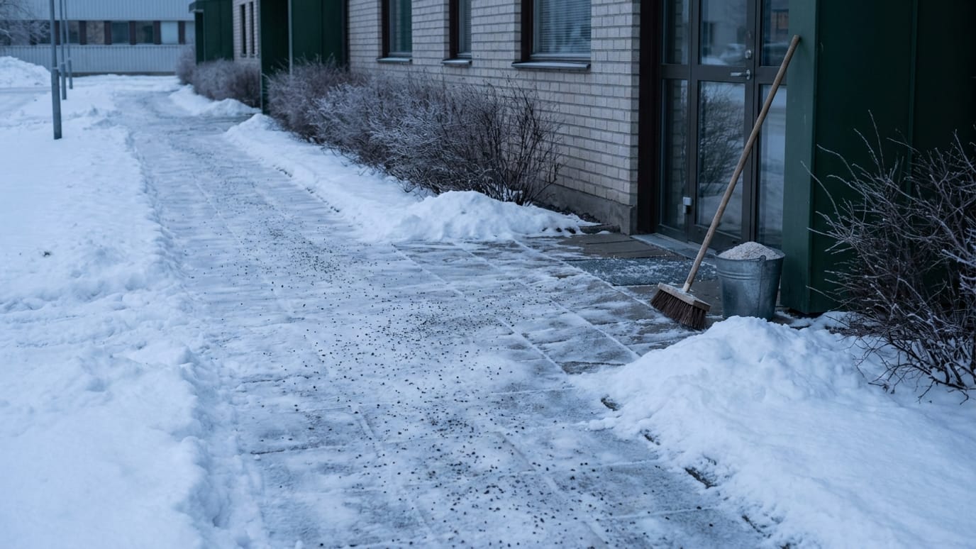 Cleared and gritted path in front of a building on a winter morning